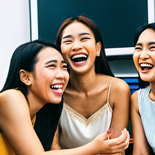 **A vibrant group of Thai friends laughing and supporting each other during a public speaking workshop.  Focus on positive energy and encouragement.** (This reflects the experience of gaining confidence through group activities).