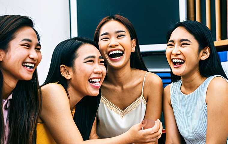 **A vibrant group of Thai friends laughing and supporting each other during a public speaking workshop.  Focus on positive energy and encouragement.** (This reflects the experience of gaining confidence through group activities).