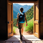 **Prompt:** A person stepping confidently out of a darkened doorway labeled "Comfort Zone" into a bright, vibrant landscape. The landscape includes diverse activities like hiking, painting, and learning a new language, symbolizing personal growth.