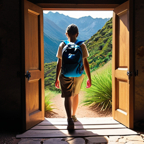 **Prompt:** A person stepping confidently out of a darkened doorway labeled "Comfort Zone" into a bright, vibrant landscape. The landscape includes diverse activities like hiking, painting, and learning a new language, symbolizing personal growth.