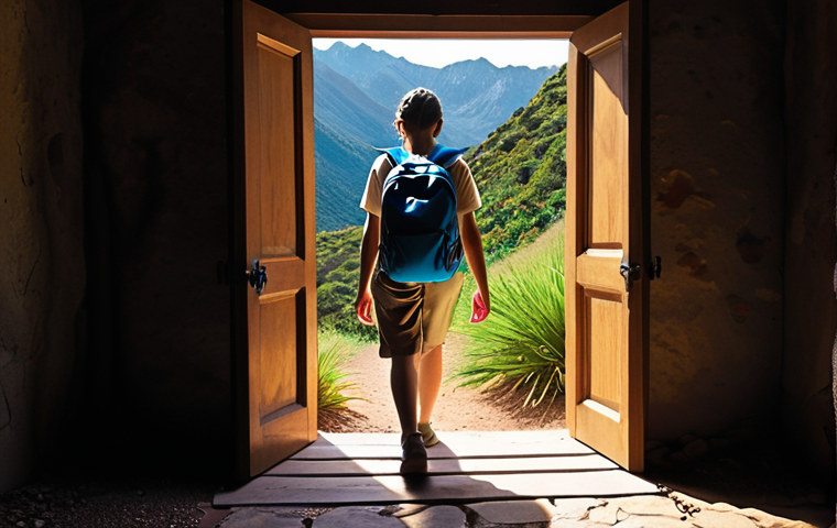 **Prompt:** A person stepping confidently out of a darkened doorway labeled "Comfort Zone" into a bright, vibrant landscape. The landscape includes diverse activities like hiking, painting, and learning a new language, symbolizing personal growth.